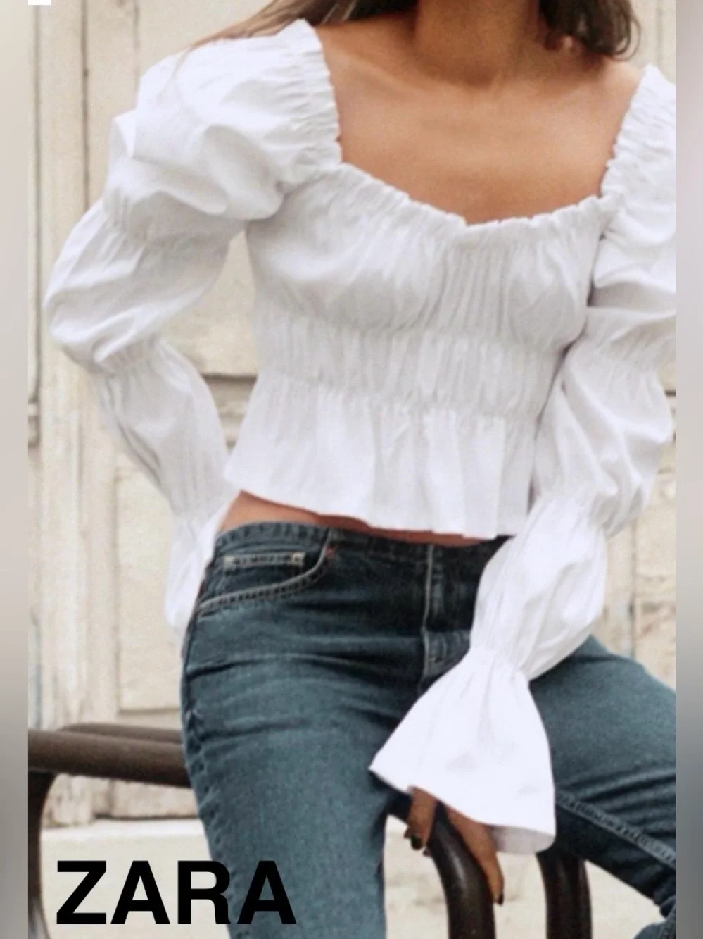 ZARA White Smocked Square-Neck Puff Sleeve Top - Size S/M - NEW